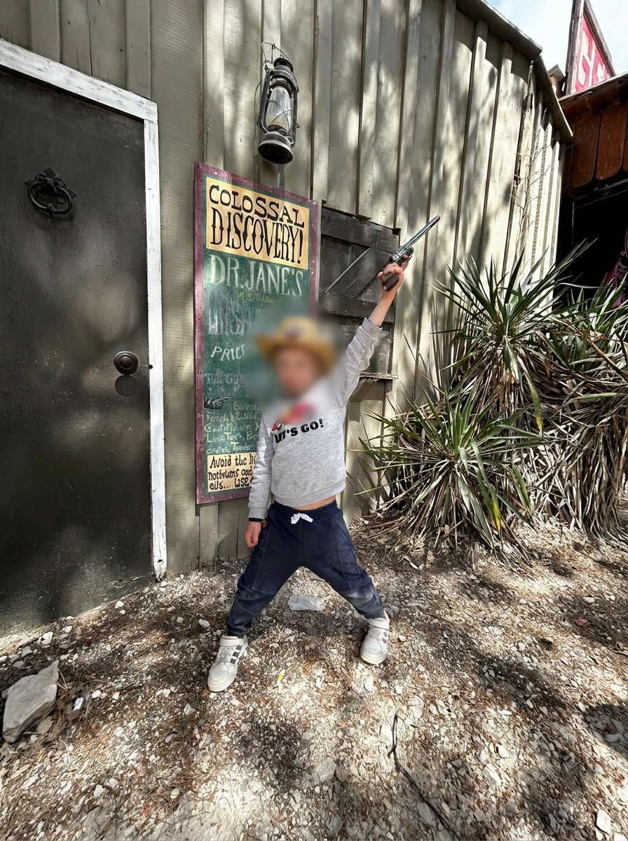 Notre fils déguisé en petit shérif avec maquillage et chapeau devant un saloon du parc OK Corral