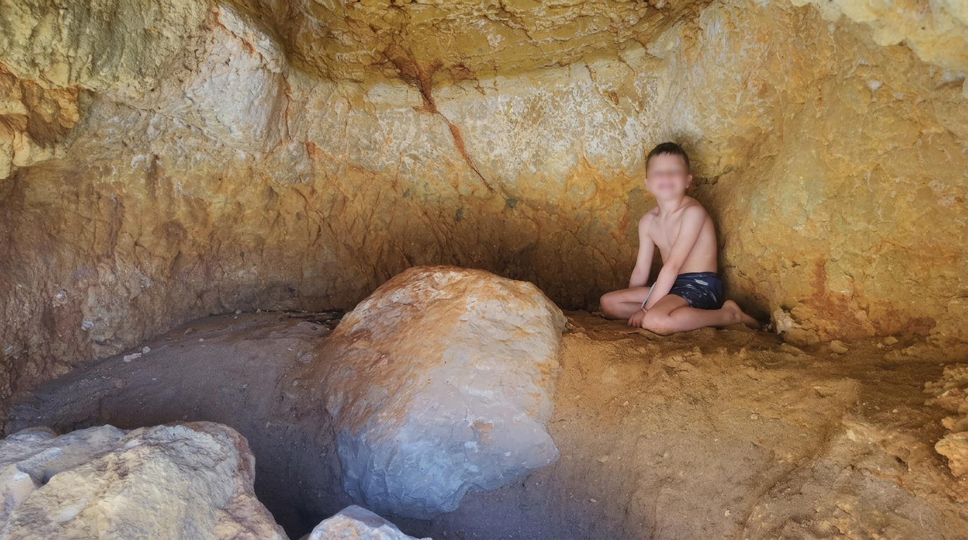Petite grotte en Algarve avec visage d’enfant flouté