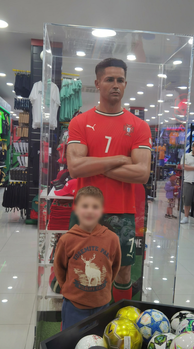 Boutique au Portugal avec statue de Cristiano Ronaldo et visage d’enfant flouté