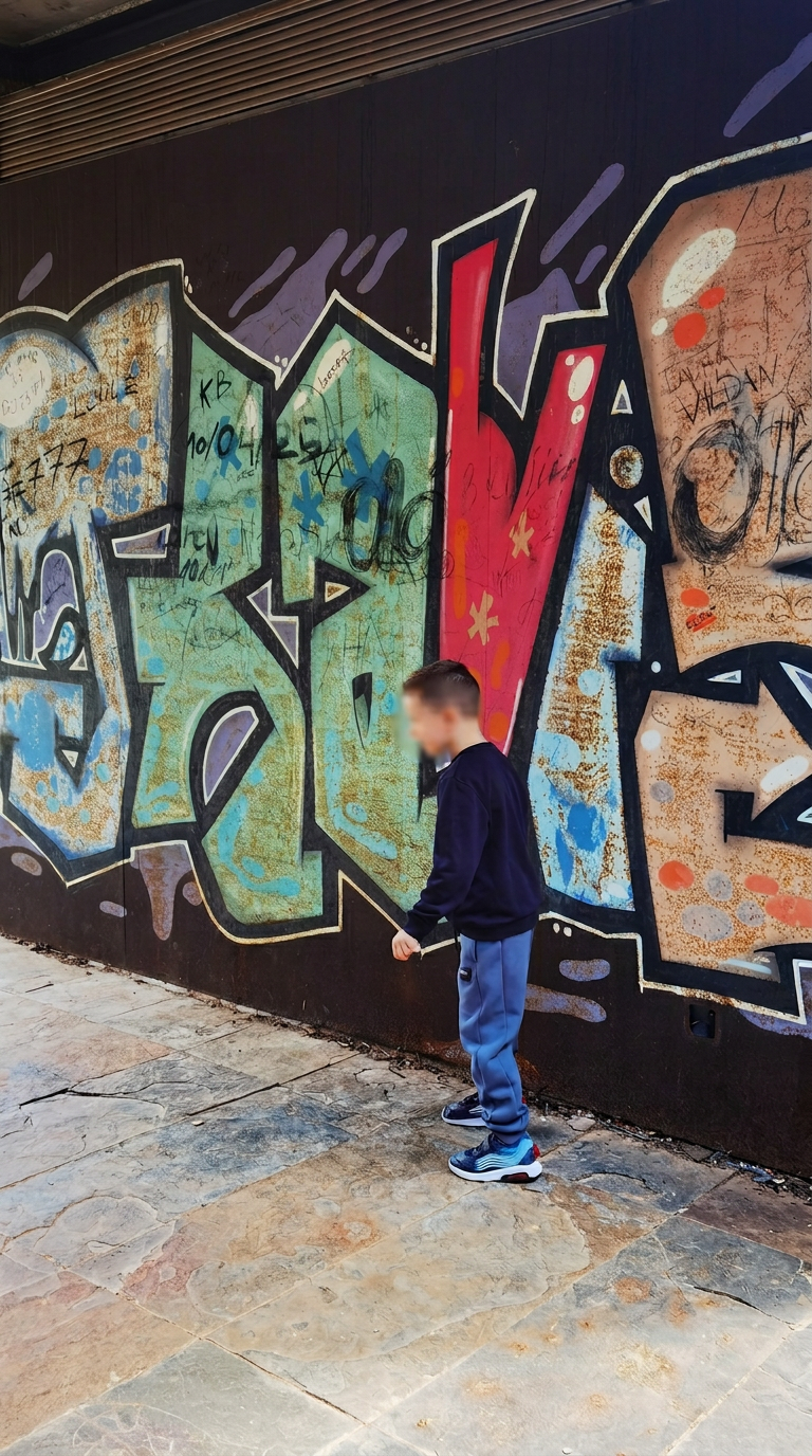 Street art à Albufeira avec visage d’enfant flouté