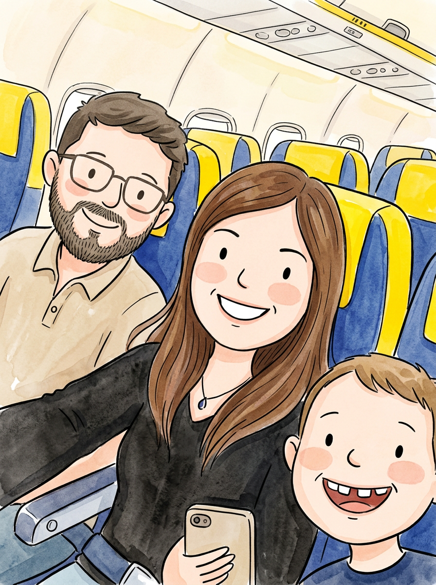 Illustration de la famille en avion direction Majorque